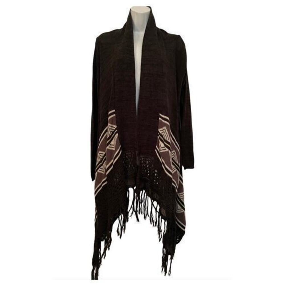 BILLABONG brown tribal Aztec print crochet hem cardigan festival boho sz S